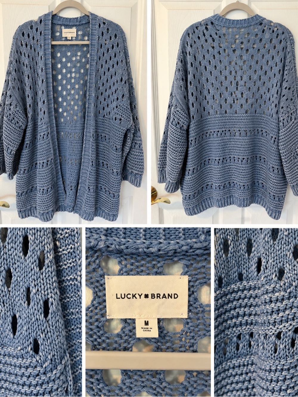 Lucky Brand Dusty Blue Open-Stitch Knit Cardigan
